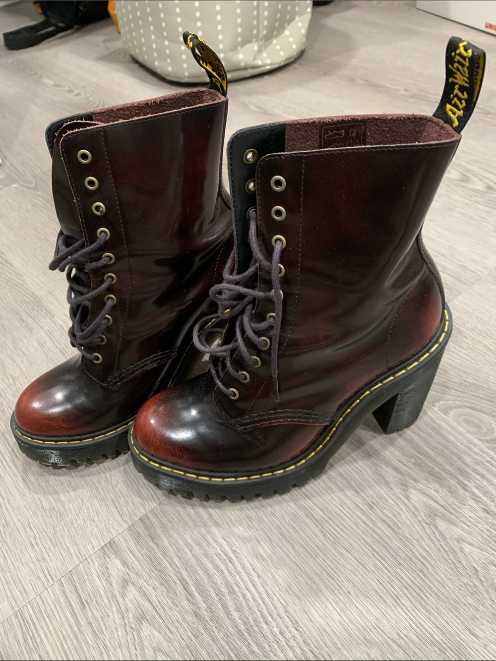 Dr. Martens Women's burgundy Lace-Up Boots with Yellow stitch. Limited edition